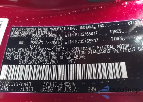 2021 Toyota Sienna Xle from USA, damaged, VIN 5TDYSKFC4MS032804